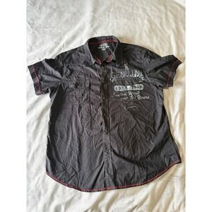 Arizona Jean Co Mens XXL Black Graphic Short Sleeve Button Down Shirt Red Stitch